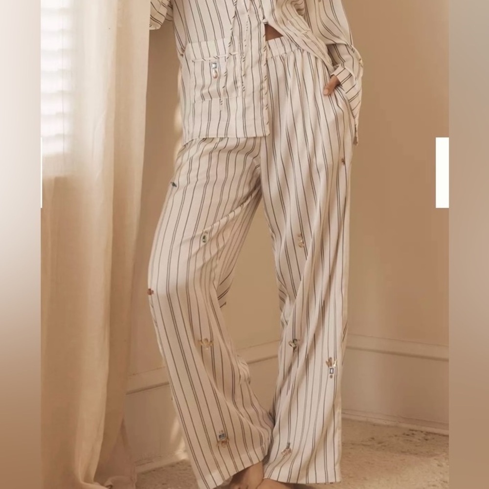 NWT By Anthropologie Silky Bejeweled Pajama Bottoms Size Medium Cream Old Money